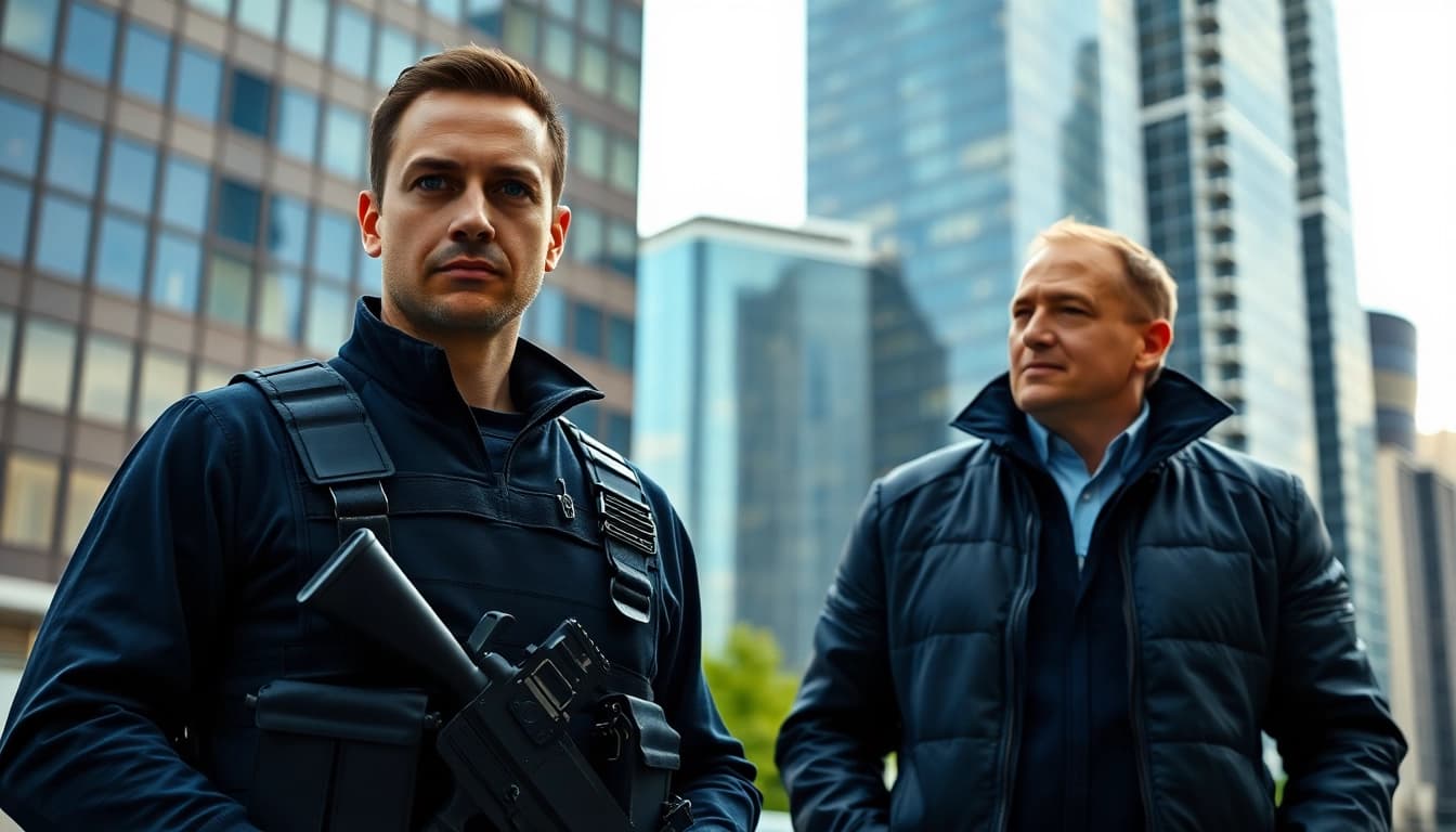 Hire bodyguard ensuring safety for a high-profile client in a bustling city.