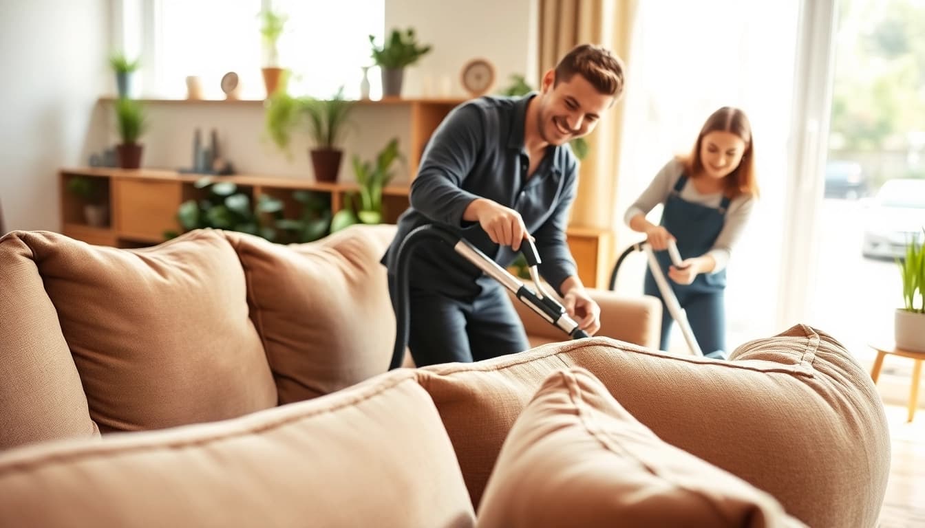 Couch cleaning in Glasgow by a professional in a cozy living room setting.