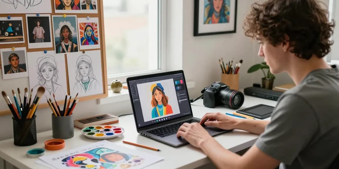 Artist using an image to prompt tool in a creative workspace, blending technology and traditional art.