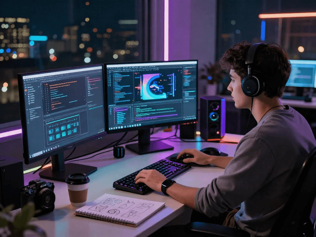 Coder analyzing nsfw algorithms in a vibrant urban workspace.