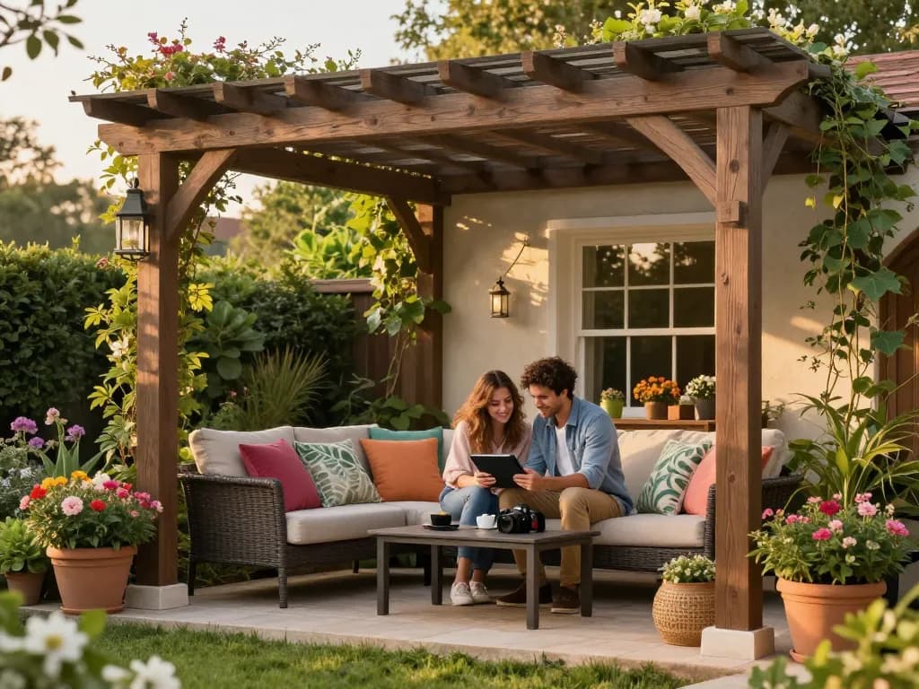 Couple using a pergola configurator to design their custom outdoor space.