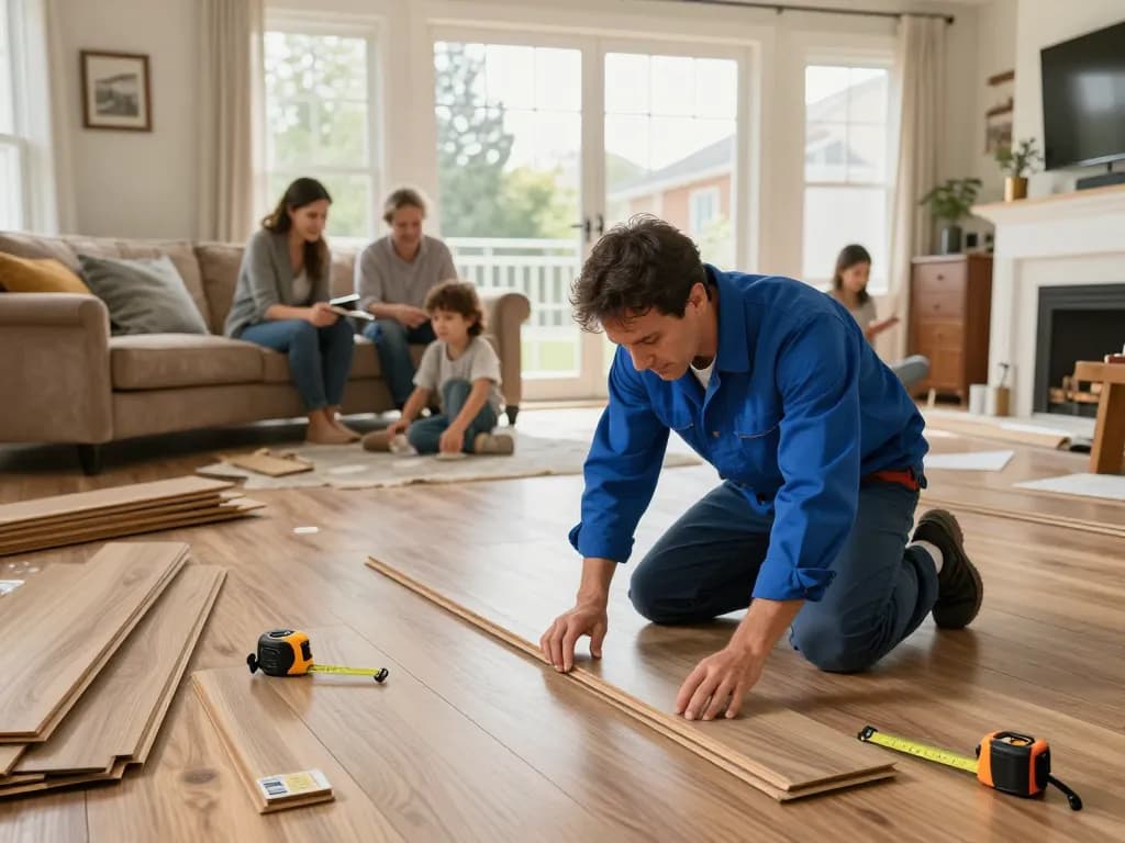 Flooring specialists near me installing beautiful laminate flooring in a cozy living room.