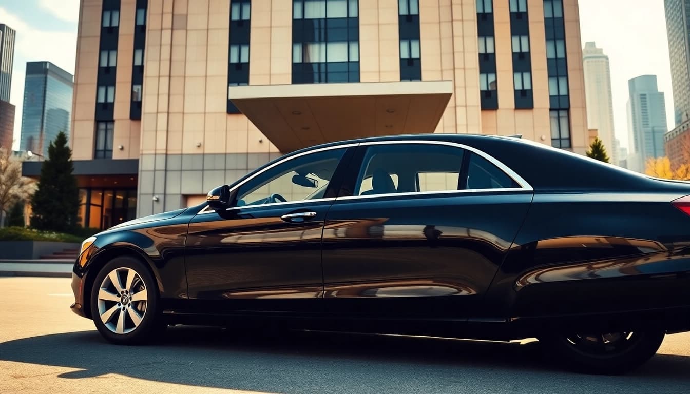 Chauffeur Hire with a luxury sedan in front of a prestigious hotel.
