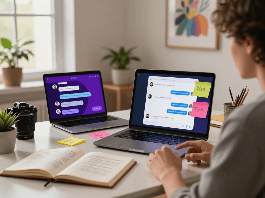 Engaging in a porn AI chat at a cozy desk with a laptop showing bright chat interface and relationship tips nearby.