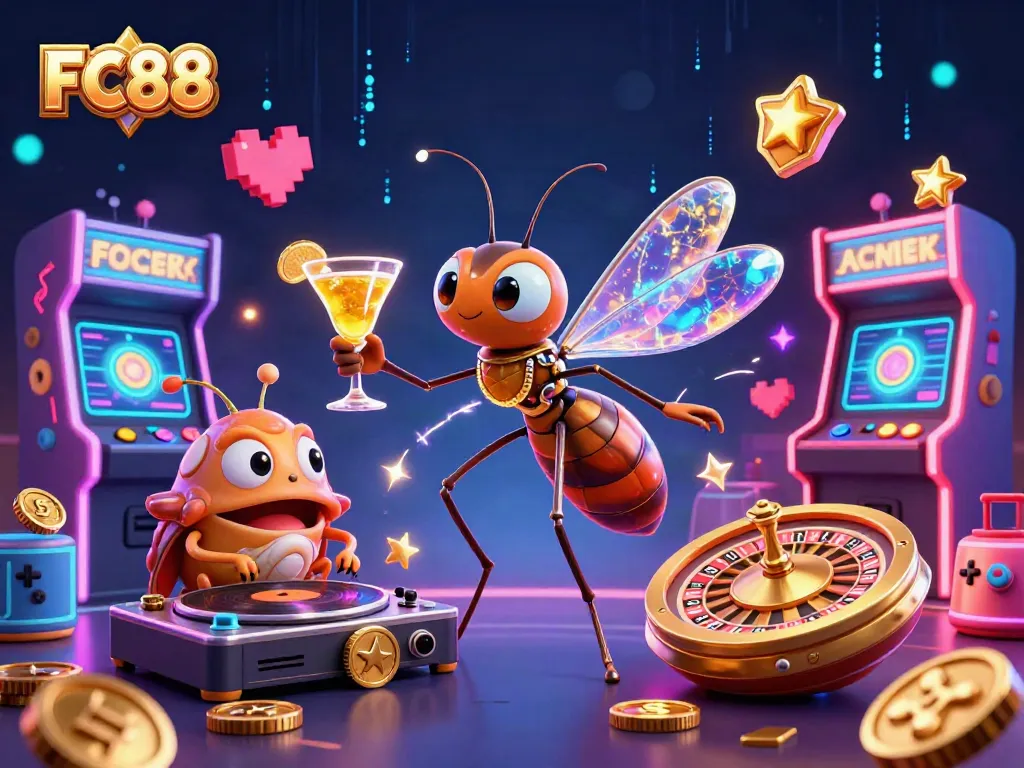Experience thrilling gaming at FC88 with a vibrant 3D casino scene featuring unique characters.