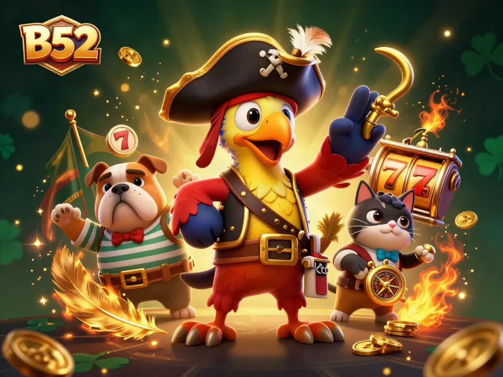 B52 players enjoy thrilling slot action with vibrant pirate characters and dazzling gold coins.