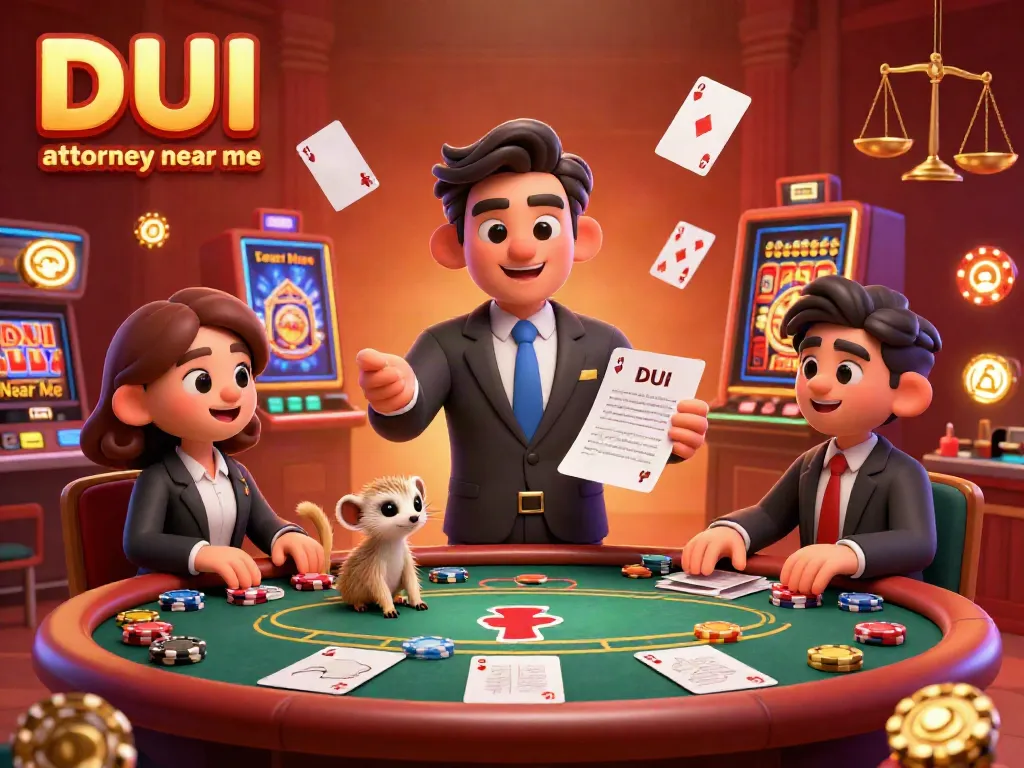 DUI attorney near me offers legal strategies at a vibrant casino scene with engaging legal themes and dynamic visuals.