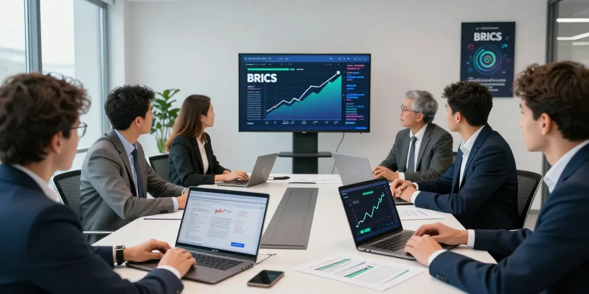 Invest in BRICS coins discussion at modern conference table with investors analyzing trends, showcasing $BRICS wallet interface.