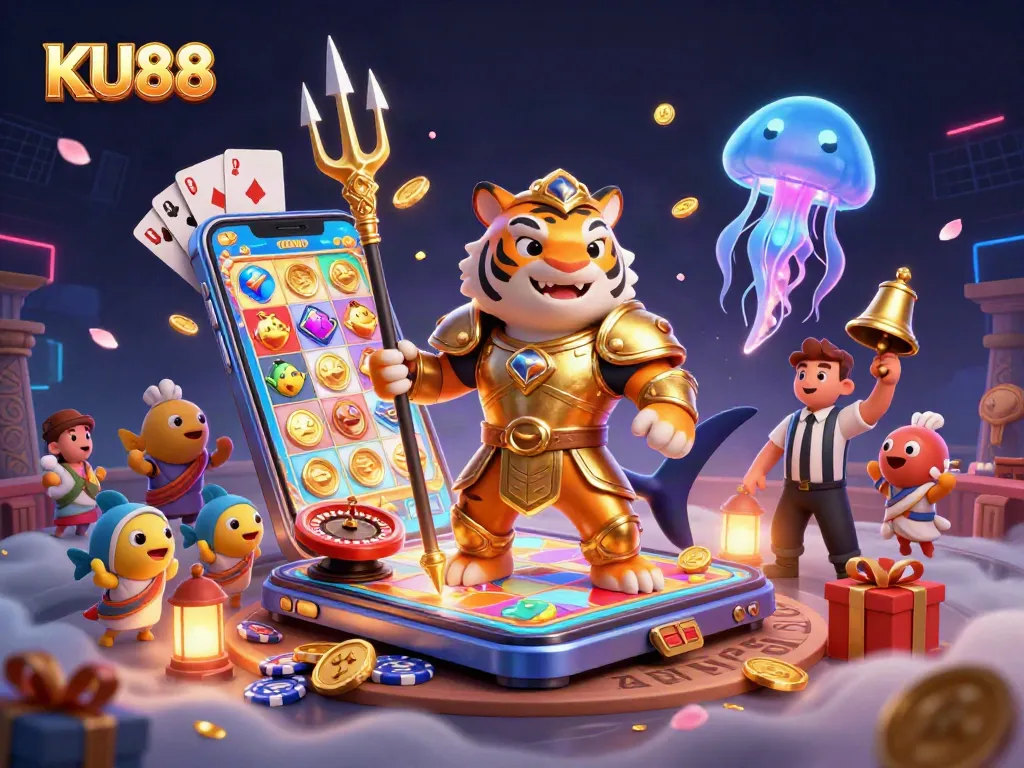 Experience exciting gaming at KU88 with an underwater arena featuring a shark gladiator and vibrant casino elements.