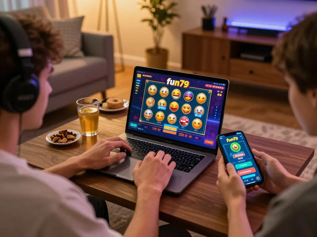 Engaging scene of fun79 online gambling setup with player on laptop and casino app on phone in cozy home.