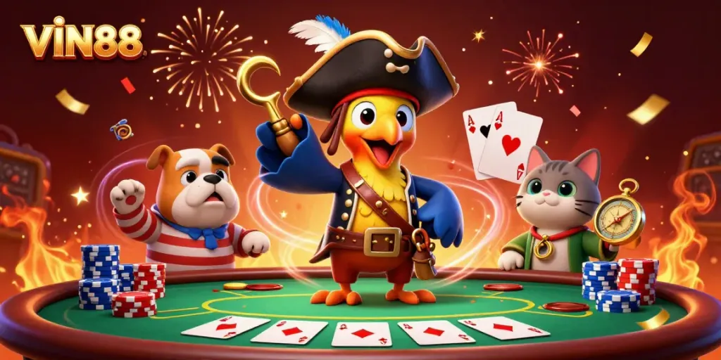 Experience thrilling casino action with VIN88 featuring a pirate captain parrot and friends at a poker table.