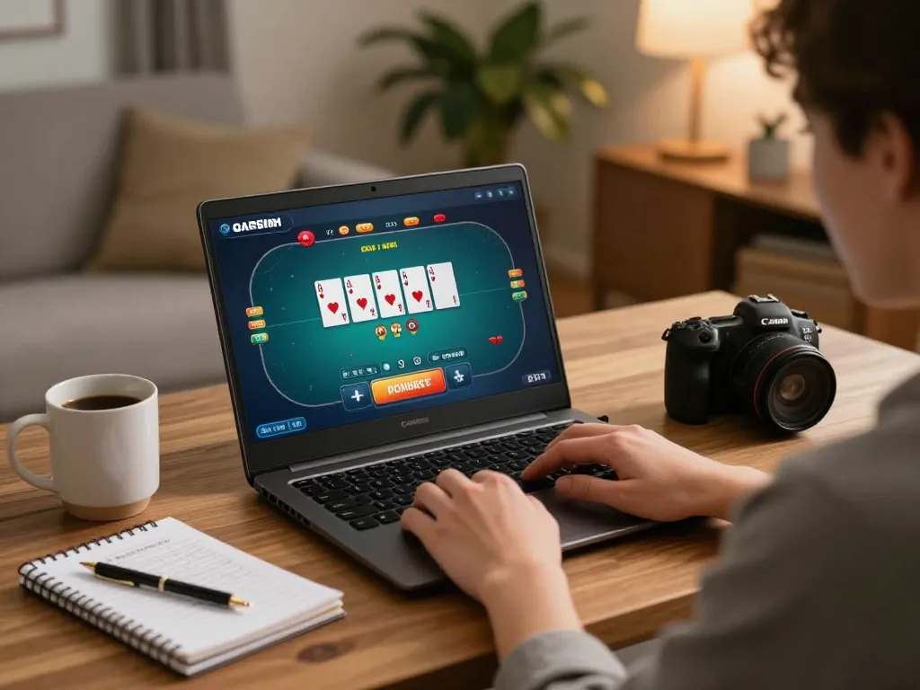 Gambler using kuwin platform on a laptop, surrounded by strategy notes and a cozy atmosphere.