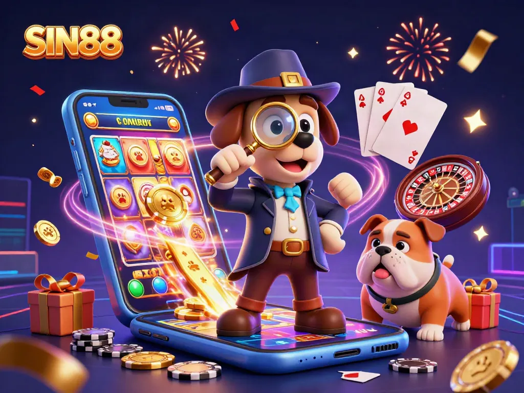 SIN88 detective discovering treasures in a vibrant casino scene with exhilarating slot games and poker chips.