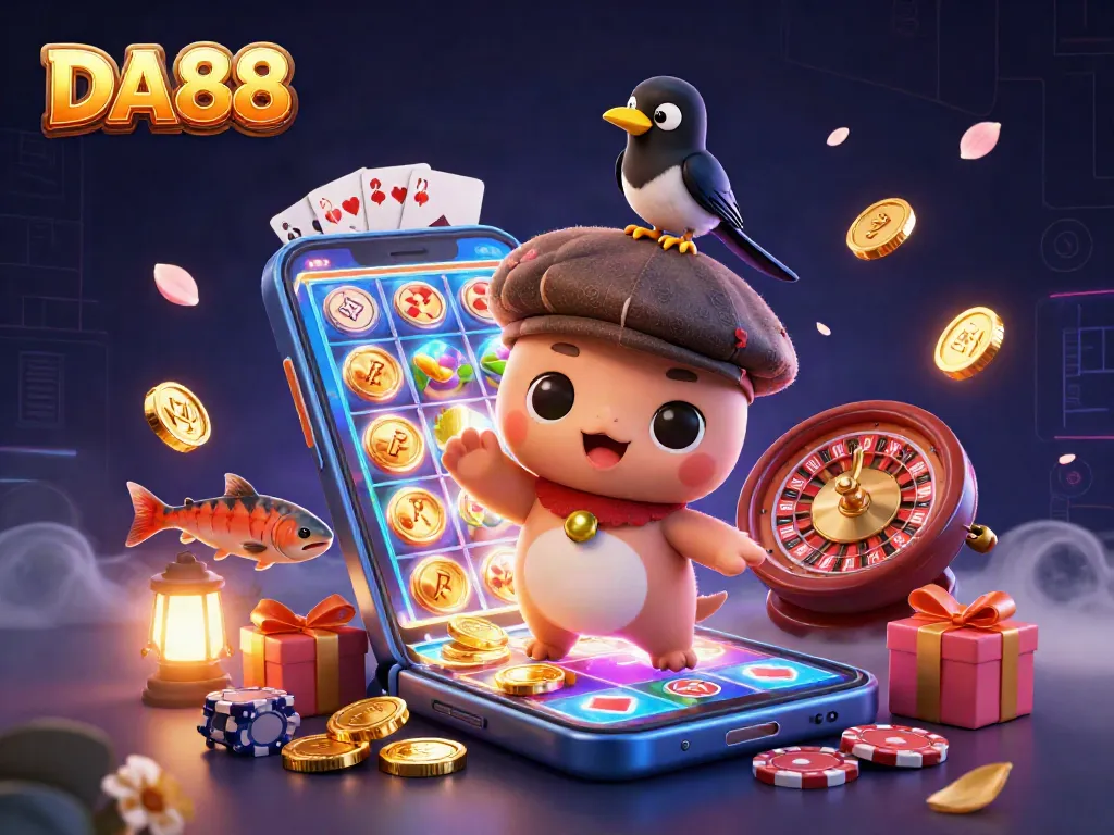 Join the excitement at DA88 with playful characters amidst vibrant gaming elements.