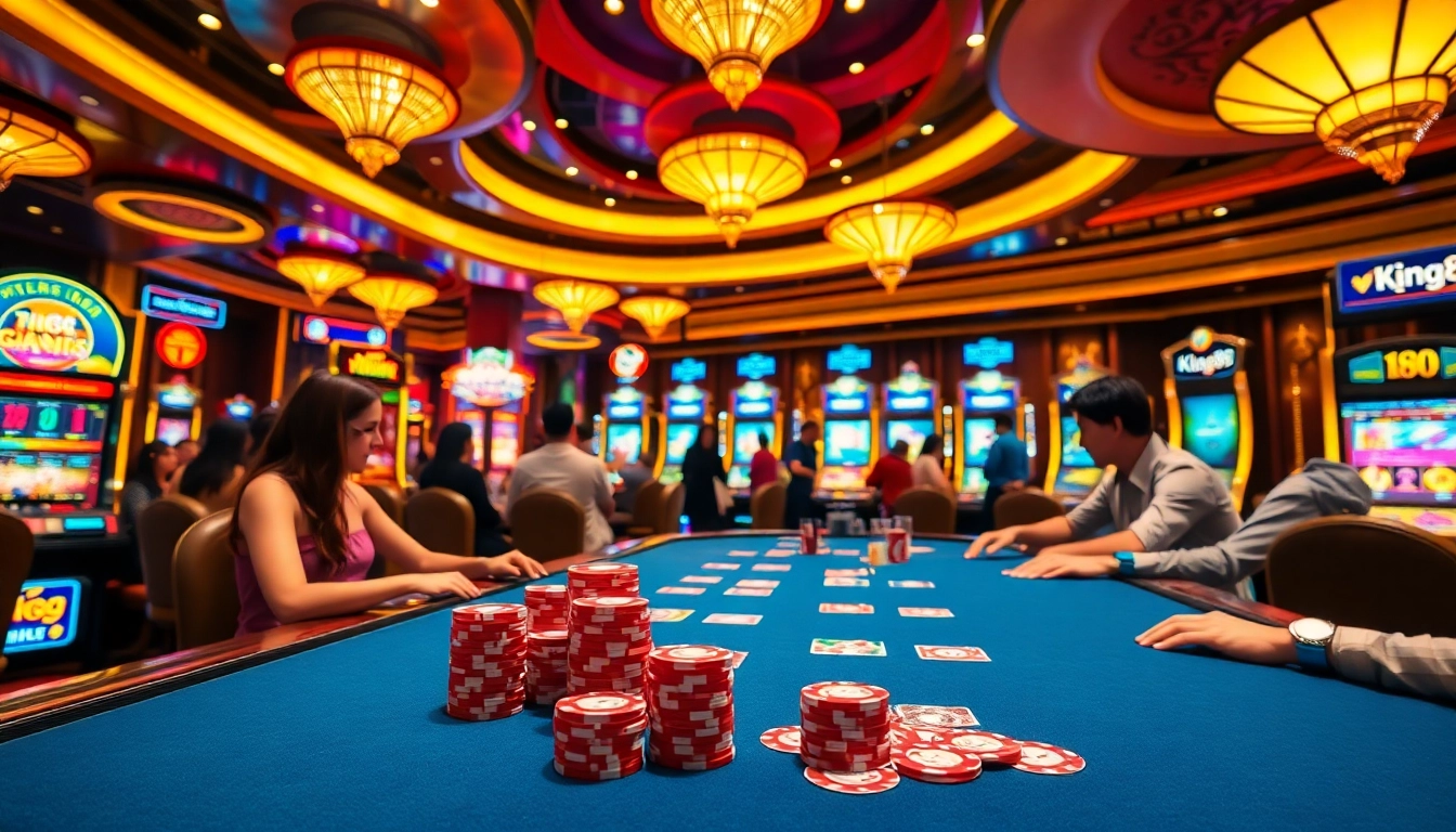 Experience the excitement of king88 at a luxurious casino with vibrant slot machines and poker games.