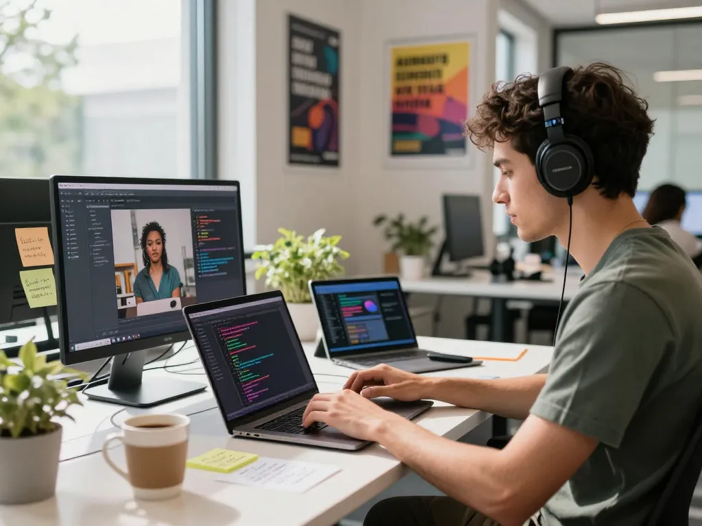 Developer generating image to prompt for AI visuals in modern tech workspace