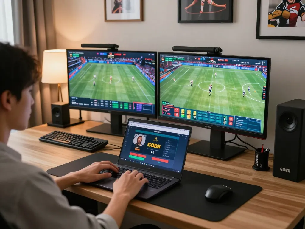 Engaging online sports betting with GO88 platform on sleek laptop.