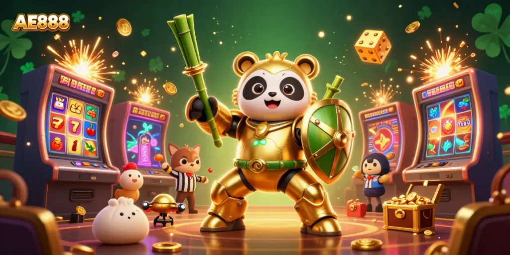 Experience the exciting AE888 casino adventure with a vibrant illustration featuring a golden panda mech and jackpot bonuses.