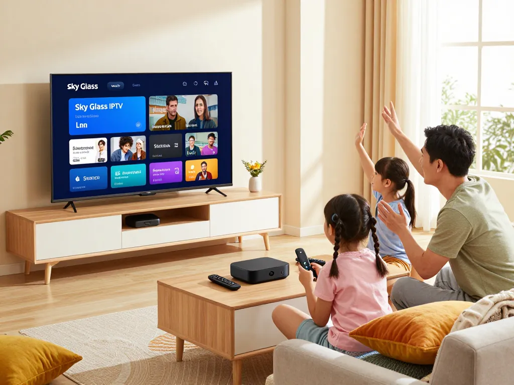 Sky Glass IPTV installation Guide setup in a cozy home environment with family enjoying streaming.