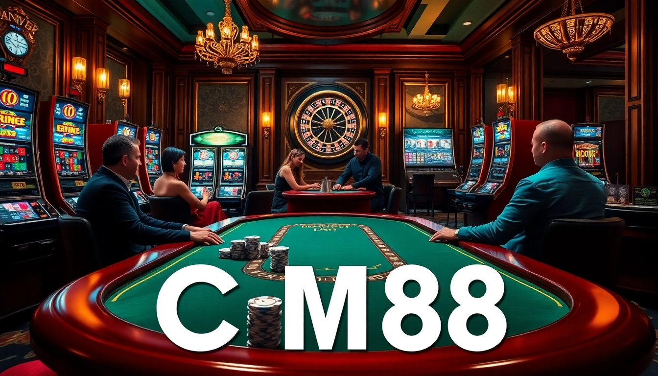 Engaging poker players at CM88's luxurious casino table with vibrant slot machines in the background.