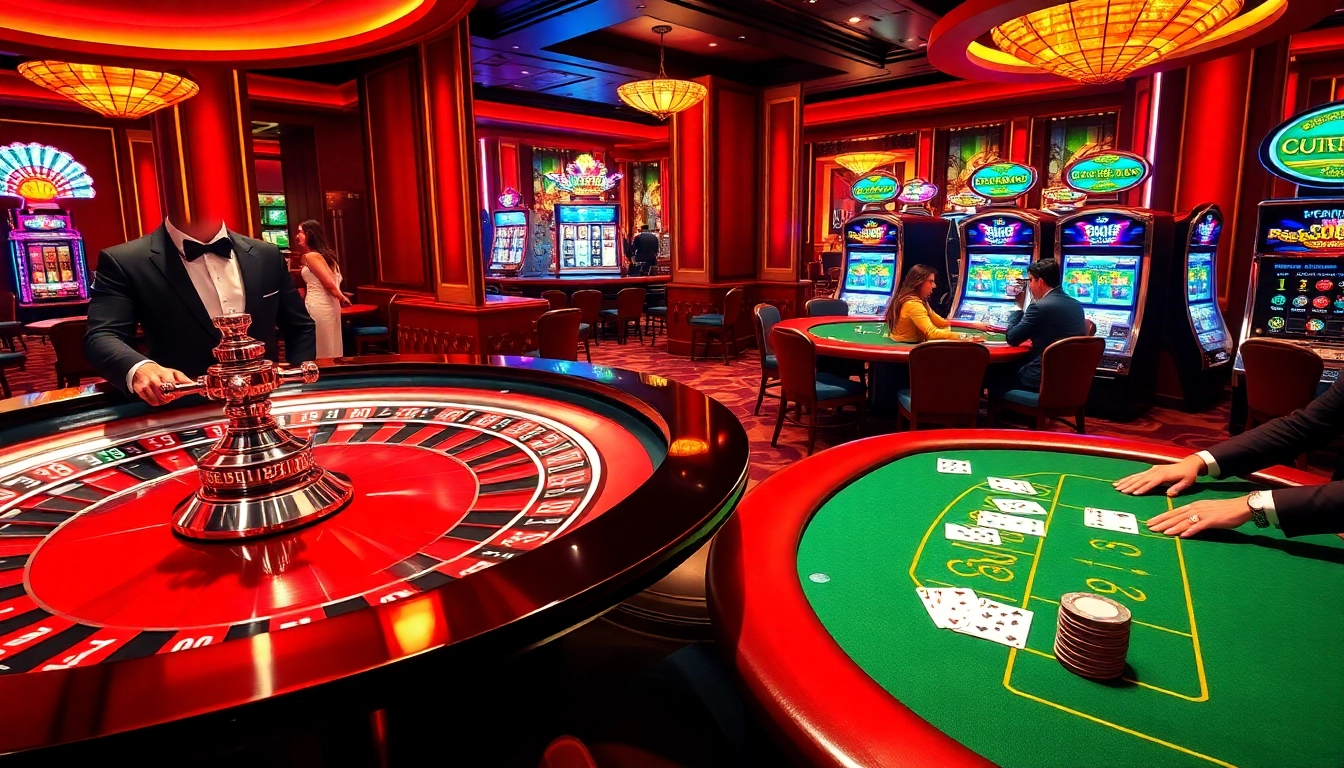 Experience the thrill of betting at https://mb66-th.com/ with a luxury casino scene showcasing poker and Roulette.