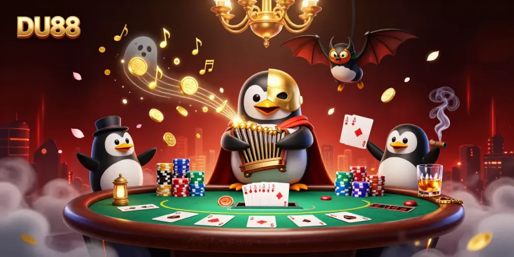 Experience DU88's thrilling atmosphere with a penguin playing a golden organ while coins rain down in a vibrant casino scene.