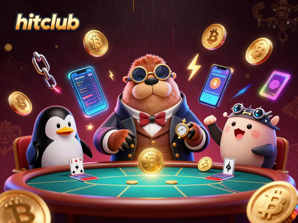 Hitclub features a jolly walrus playing poker with a penguin dealer and a pufferfish, highlighting vibrant casino elements.