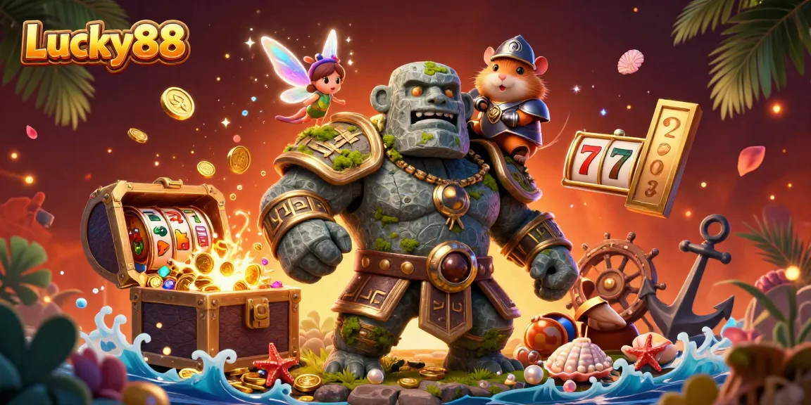 Engage with Lucky88's vibrant casino adventure featuring golems, fairies, and slot elements.
