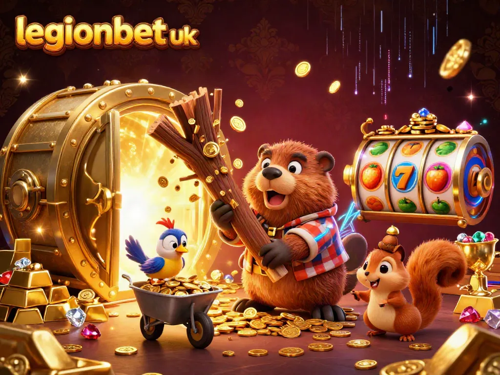 Experience fortune at LegionBet UK with a dynamic beaver character and gold coins raining down.