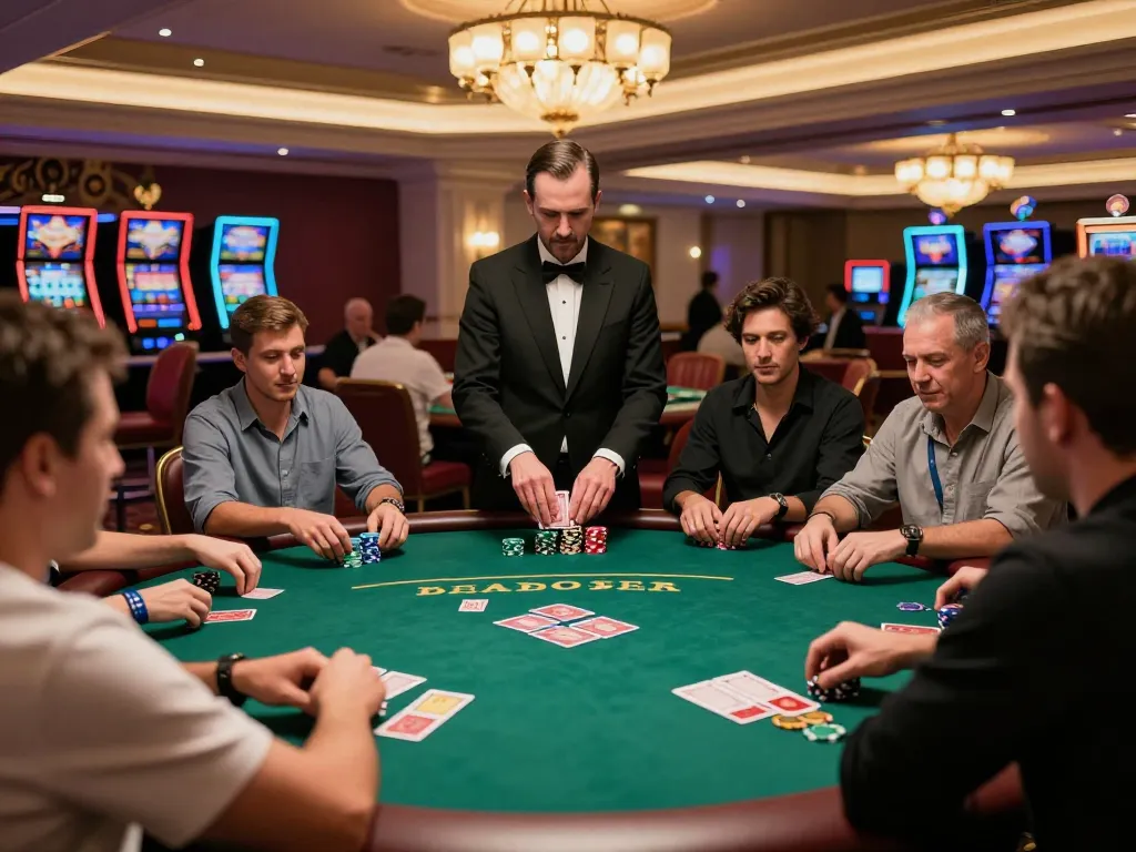 79king players engaging in tension-filled poker action, vibrant casino atmosphere