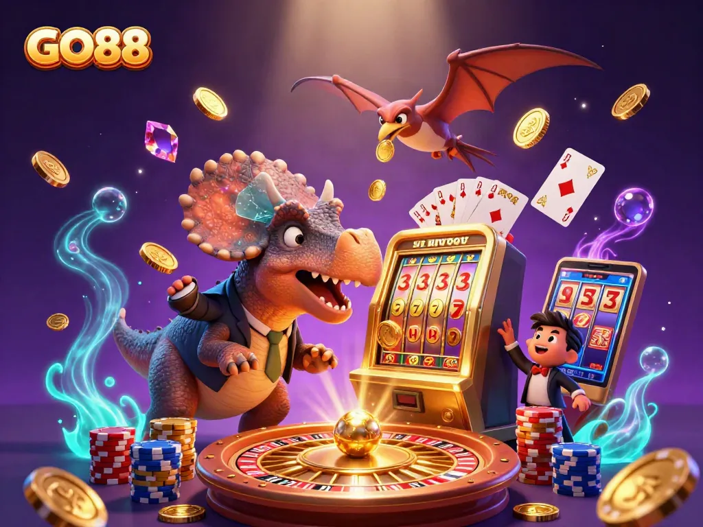 GO88 offers thrilling slot machine excitement with cascading coins and a lively casino scene.