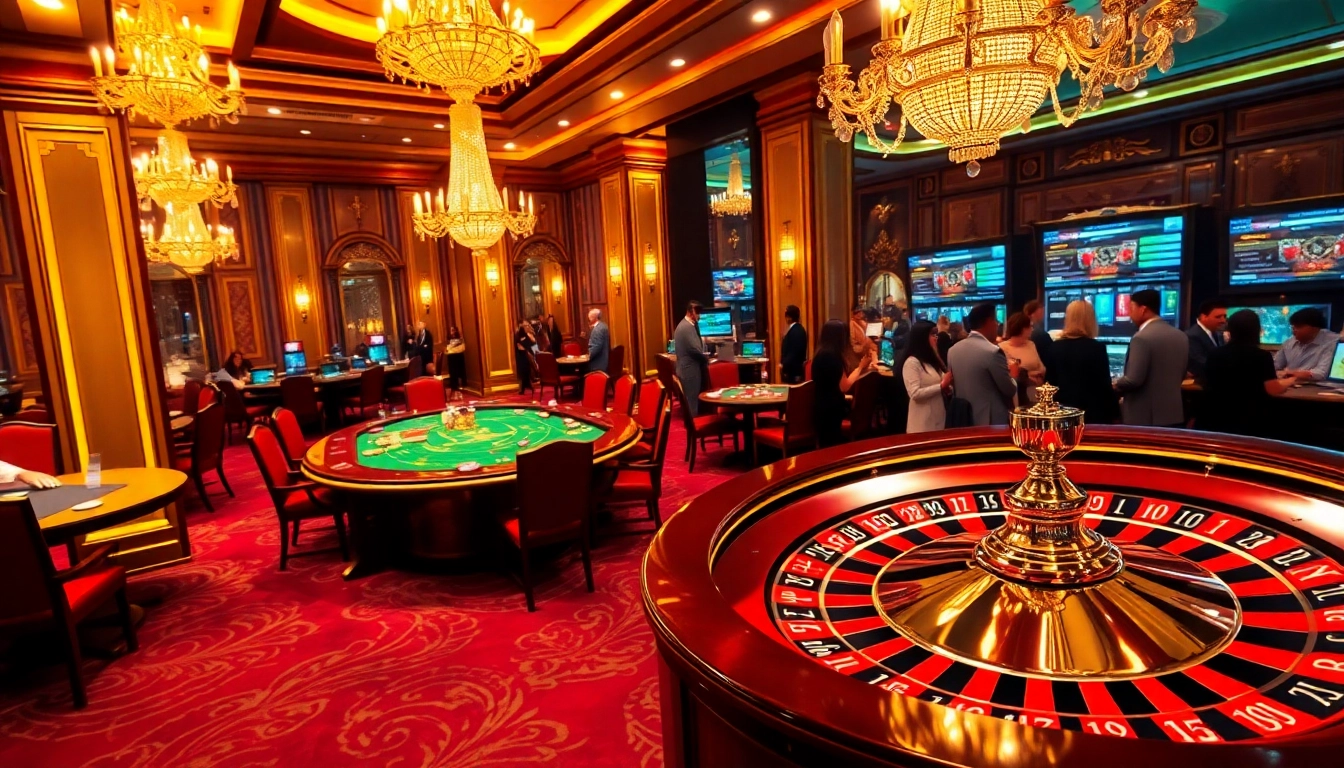 Experience the thrill of winning at https://kwin.bio/ in a vibrant casino setting with poker tables and roulette wheels.
