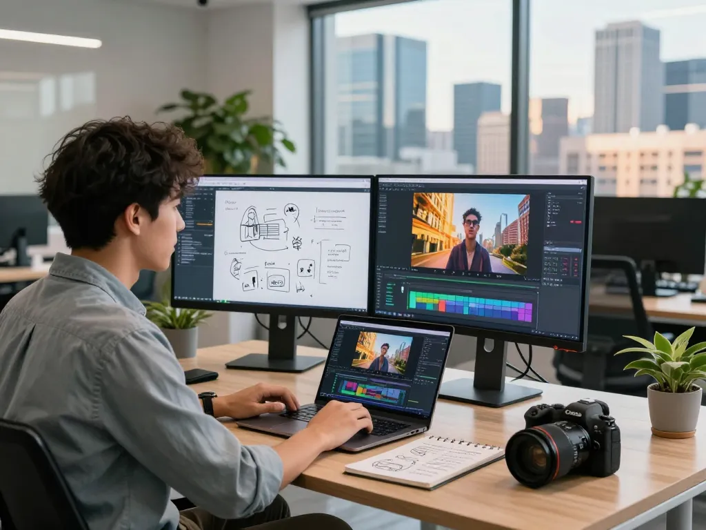 Young professional engaged in video to prompt generation at a modern tech workspace with dual monitors and vibrant analysis.