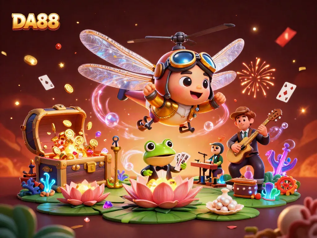 Experience the thrilling DA88 adventure with a dragonfly pilot above a lily pad casino.