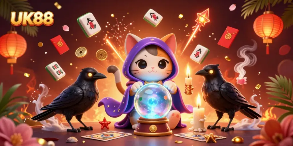Experience the magic of UK88 casino with vibrant characters and dynamic gaming elements in this enchanting illustration.