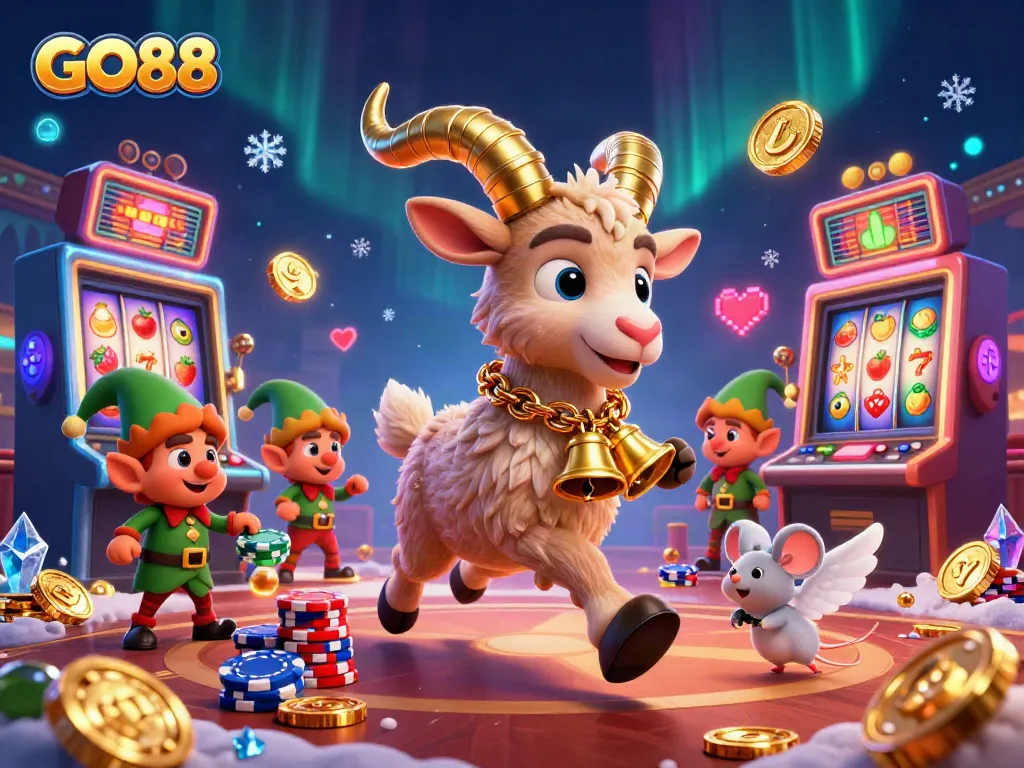 Experience GO88's festive casino chaos with 3D characters amidst slot machines and colorful chaos.