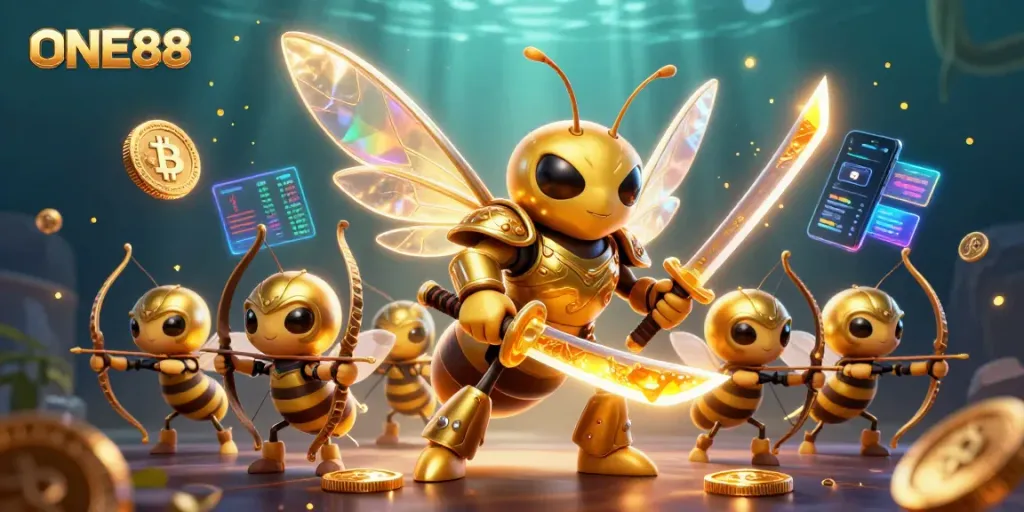 ONE88 enhances gaming excitement with a 3D cartoon hornet samurai battling in a casino-themed scene.