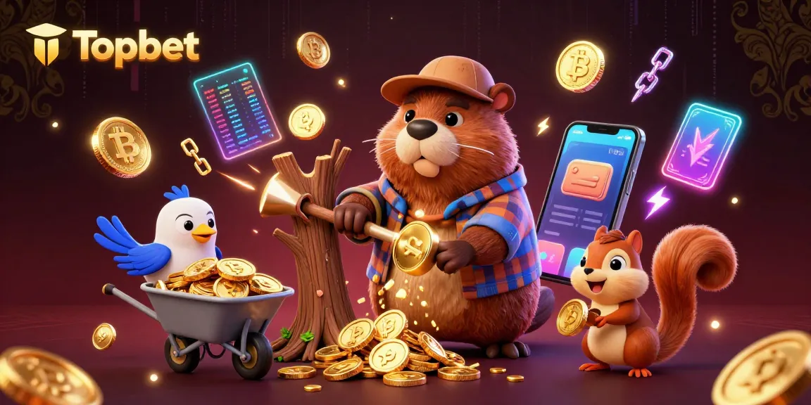 Experience Topbet's thrilling gaming adventure, with vibrant cartoon characters delightfully collecting golden coins.