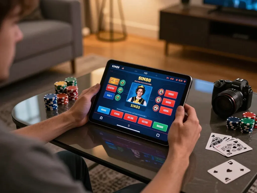 SIN88 player engaging with an online casino app on a tablet in a modern setup, showcasing a vibrant gaming experience