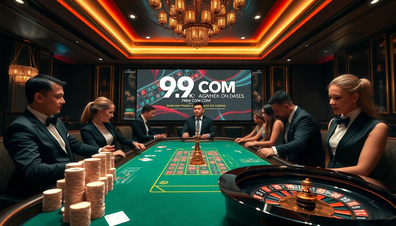 Players engaged in an upscale game setting at 99OK COM, featuring poker chips and a roulette wheel.