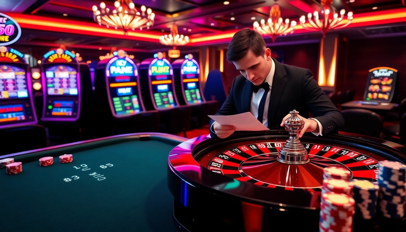 Engaging keo nha cai gambling scene with roulette wheel, betting slips, and poker chips.