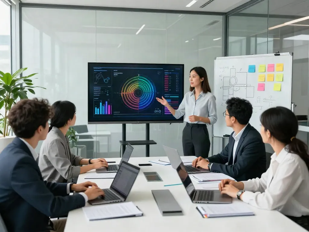 Find out here in the busy conference room with diverse team collaborating on strategic plans.