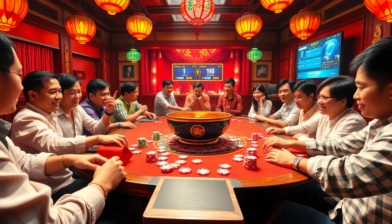 Xóc đĩa game setup with players, betting coins, and vibrant atmosphere.