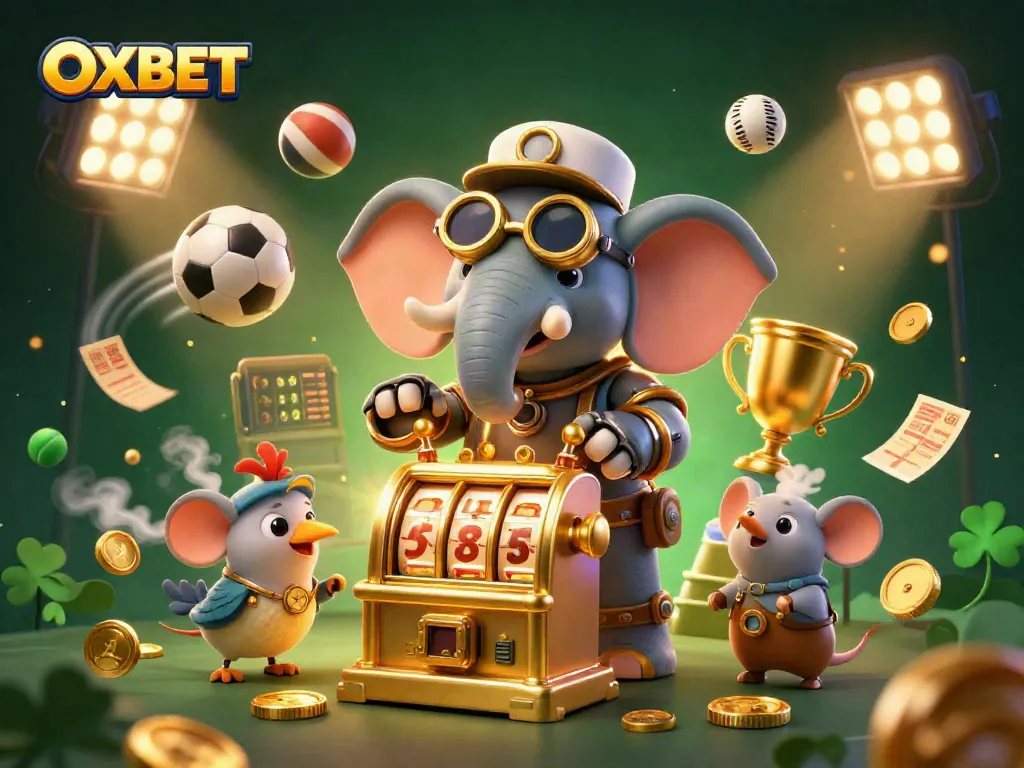 Experience the excitement of OXBET with a dynamic 3D steampunk-themed gaming scene featuring slot machines and sports elements.