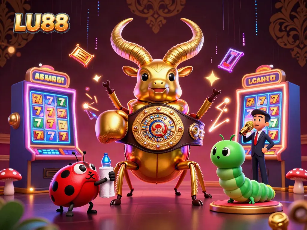 LU88 brings excitement to the casino world with a vibrant scene featuring a giant beetle and colorful slot machines.