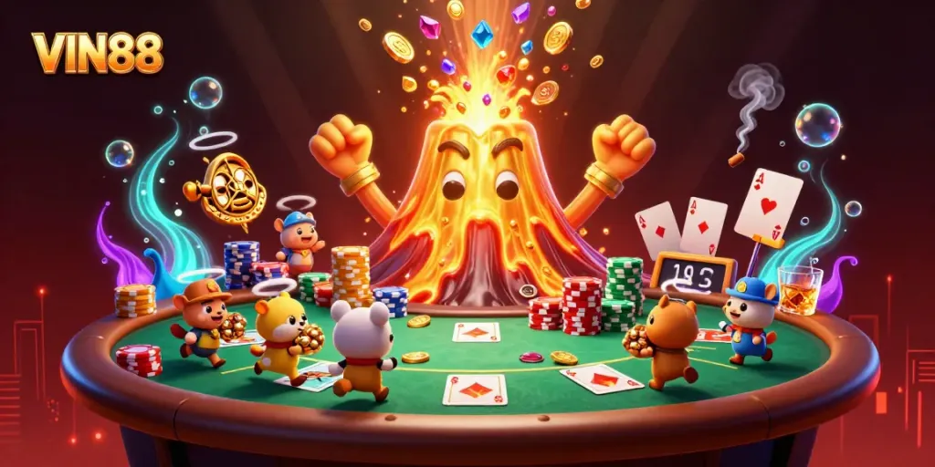 Experience thrilling gaming at VIN88 with a vibrant casino theme featuring a golden volcano erupting coins.