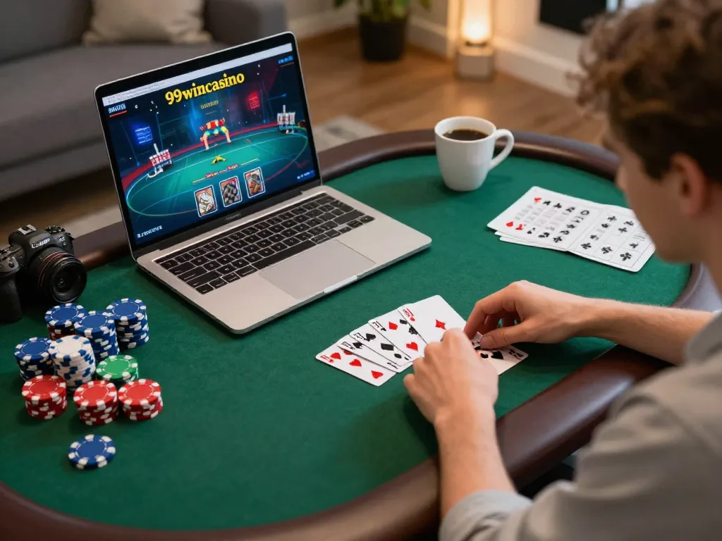 Experience thrilling gameplay at 99wincasino with poker chips and cards in a cozy home setup.