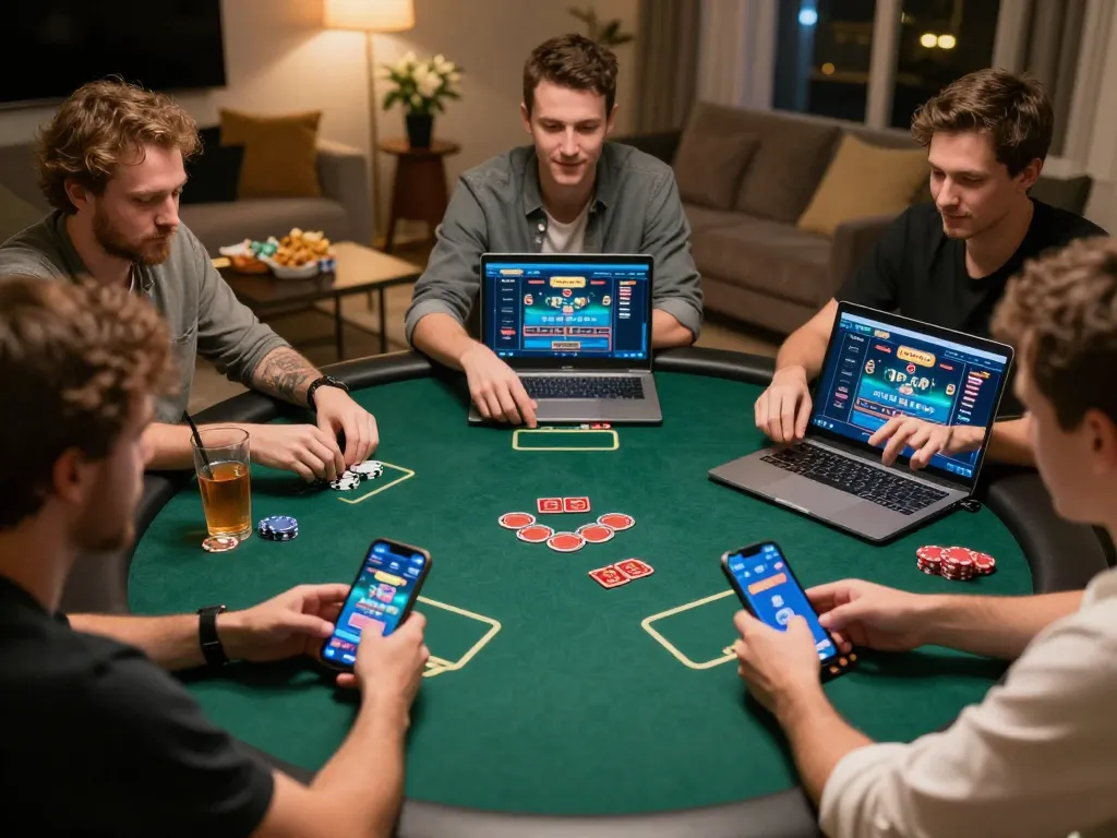 Players enjoying HD88 online poker from home with vibrant screens and casual atmosphere
