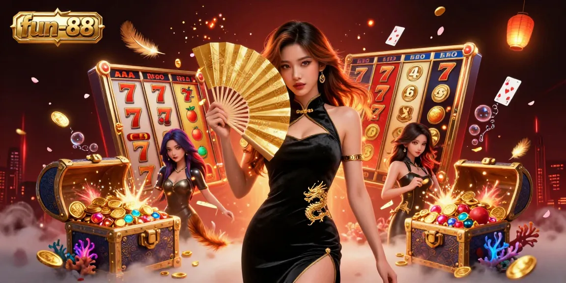 Spin the reels at fun-88 with a captivating Asian woman adorned in elegance amidst vibrant slot game elements.