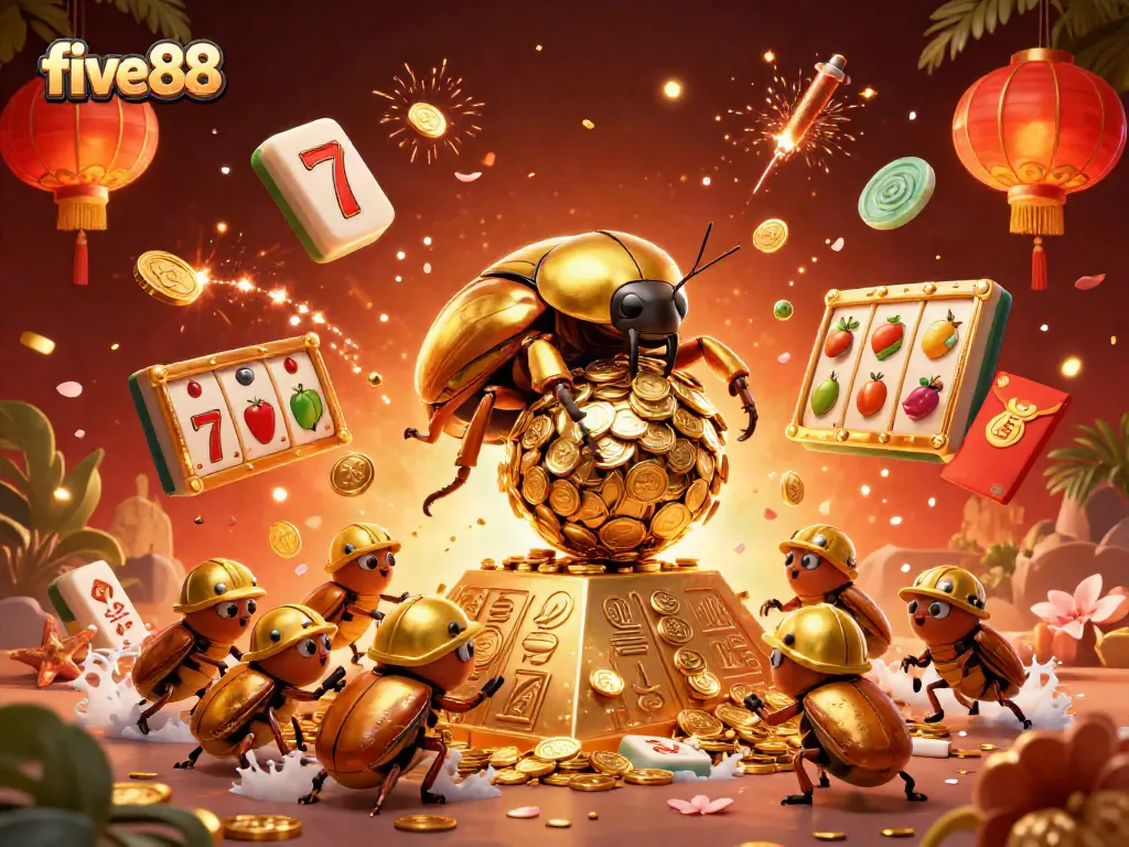 Experience the thrilling atmosphere at five88 online casino with vibrant game elements and golden treasures.